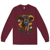 Burgundy highland cow with sunflower Long Sleeve Tee - RanaPortraitStore