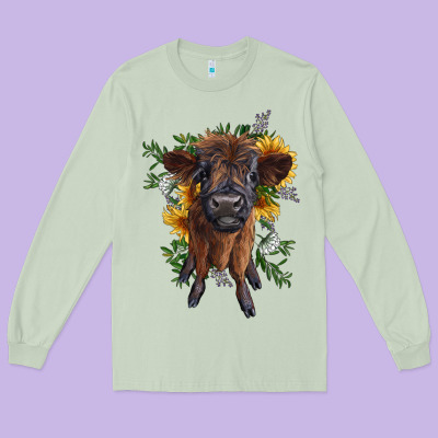 Highland Cow With Sunflower Long Sleeve Tee Designed By Ranaportraitstore