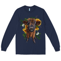 Navy highland cow with sunflower Long Sleeve Tee - RanaPortraitStore