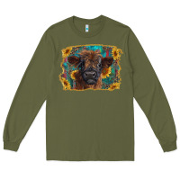 Army Green highland cow calf with western background Long Sleeve Tee - RanaPortraitStore