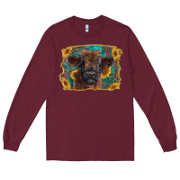 Burgundy highland cow calf with western background Long Sleeve Tee - RanaPortraitStore