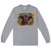 Heather Grey highland cow calf with western background Long Sleeve Tee - RanaPortraitStore