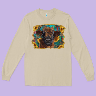 Highland Cow Calf With Western Background Long Sleeve Tee Designed By Ranaportraitstore