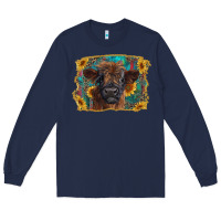Navy highland cow calf with western background Long Sleeve Tee - RanaPortraitStore