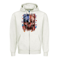 Oatmeal Heather 4th of July skull American flag Zipper Hoodie - Neo Western