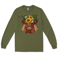 Army Green highland cow with sunflowers Long Sleeve Tee - RanaPortraitStore