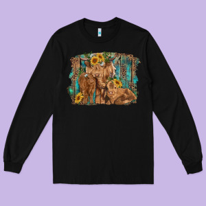 Highland Cow Family Cattle And Calf With Sunflower And Turquoise Backg Long Sleeve Tee Designed By Ranaportraitstore