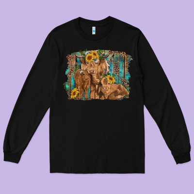 Highland Cow Family Cattle And Calf With Sunflower And Turquoise Backg Long Sleeve Tee Designed By Ranaportraitstore