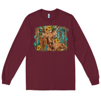 Burgundy highland cow family cattle and calf with sunflower and turquoise backg Long Sleeve Tee - RanaPortraitStore