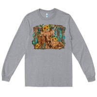 Heather Grey highland cow family cattle and calf with sunflower and turquoise backg Long Sleeve Tee - RanaPortraitStore