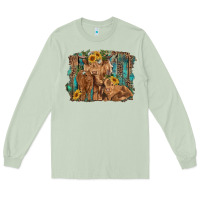 Matcha highland cow family cattle and calf with sunflower and turquoise backg Long Sleeve Tee - RanaPortraitStore