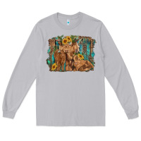 Moon Dust highland cow family cattle and calf with sunflower and turquoise backg Long Sleeve Tee - RanaPortraitStore