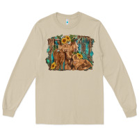 Mushroom highland cow family cattle and calf with sunflower and turquoise backg Long Sleeve Tee - RanaPortraitStore