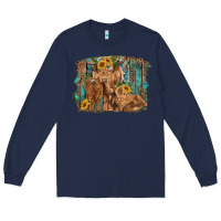 Navy highland cow family cattle and calf with sunflower and turquoise backg Long Sleeve Tee - RanaPortraitStore