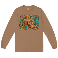Toasted Coconut highland cow family cattle and calf with sunflower and turquoise backg Long Sleeve Tee - RanaPortraitStore