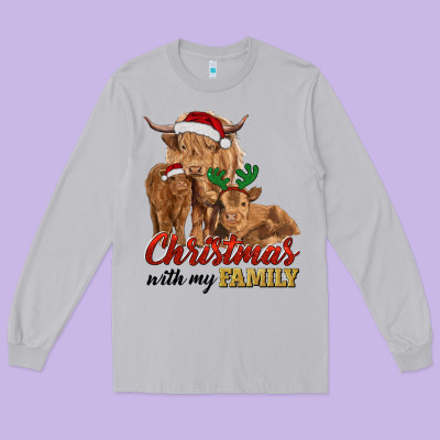 Christmas With My Family Highland Cow Cattle And Calves Long Sleeve Tee Designed By Ranaportraitstore