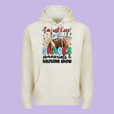 Im Just Here For The Snacks Commercials And  Halftime Show Premium Hoodie Designed By Maliassmallbusiness