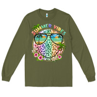 Army Green summer vibes with smile face and leopard Long Sleeve Tee - texasbilliewilder