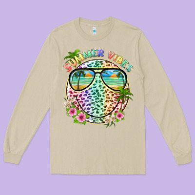 Summer Vibes With Smile Face And Leopard Long Sleeve Tee Designed By Texasbilliewilder