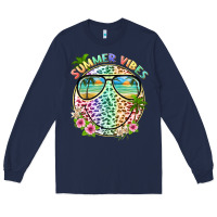 Navy summer vibes with smile face and leopard Long Sleeve Tee - texasbilliewilder