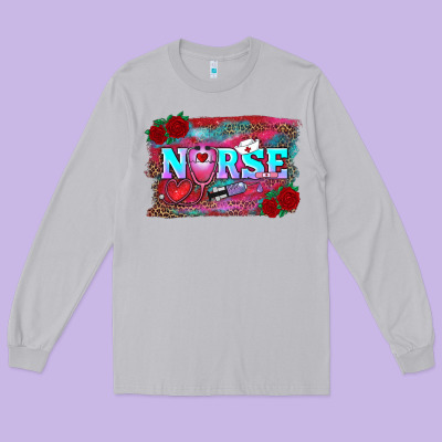 Valentine's Day Nurse With Leopard And Turquoise Background Long Sleeve Tee Designed By Ranaportraitstore