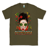 Army Green Mexicana Skull Girl Messy Bun Classic Tee - texasbilliewilder