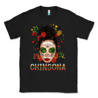 Black Mexicana Skull Girl Messy Bun Classic Tee - texasbilliewilder