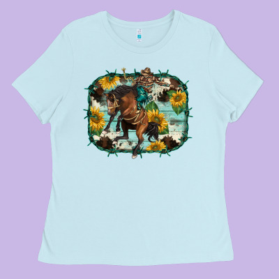 Western Rodeo Horse Cowhide Sunflowers Ladies Tee Designed By Barkaloodesign