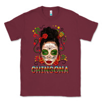 Burgundy Mexicana Skull Girl Messy Bun Classic Tee - texasbilliewilder