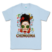 Dusty Blue Mexicana Skull Girl Messy Bun Classic Tee - texasbilliewilder