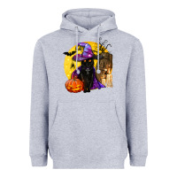 Heather Grey black witch cat coffin and moon Heavyweight Hoodie - BundleAndBundleShop