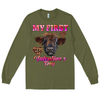 Army Green my first valentine's day highland calf Long Sleeve Tee - RanaPortraitStore