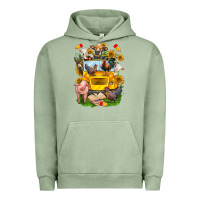 Pigment Oil Green farm animals with school bus Urban Hoodie - NancyCooperArtShop