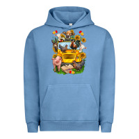 Pigment Pebble Blue farm animals with school bus Urban Hoodie - NancyCooperArtShop