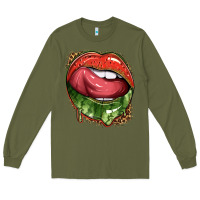 Army Green watermelon lips with leopard Long Sleeve Tee - texasbilliewilder
