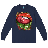 Navy watermelon lips with leopard Long Sleeve Tee - texasbilliewilder
