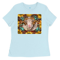Baby Blue merino ram with sunflowers and gemstone mousepad Ladies Tee - BarkalooDesign