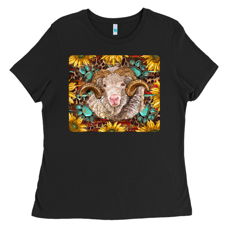 Merino Ram With Sunflowers And Gemstone Mousepad Ladies Tee by BarkalooDesign | Teevron