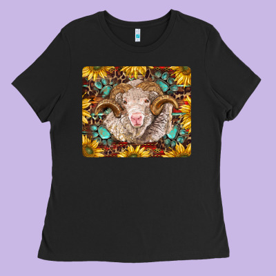 Merino Ram With Sunflowers And Gemstone Mousepad Ladies Tee Designed By Barkaloodesign