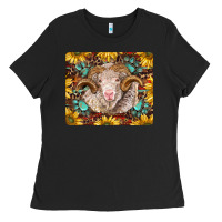 Black merino ram with sunflowers and gemstone mousepad Ladies Tee - BarkalooDesign
