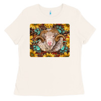 Bone merino ram with sunflowers and gemstone mousepad Ladies Tee - BarkalooDesign