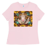 Bubblegum Pink merino ram with sunflowers and gemstone mousepad Ladies Tee - BarkalooDesign