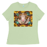 Matcha merino ram with sunflowers and gemstone mousepad Ladies Tee - BarkalooDesign