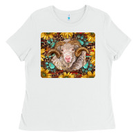 White merino ram with sunflowers and gemstone mousepad Ladies Tee - BarkalooDesign