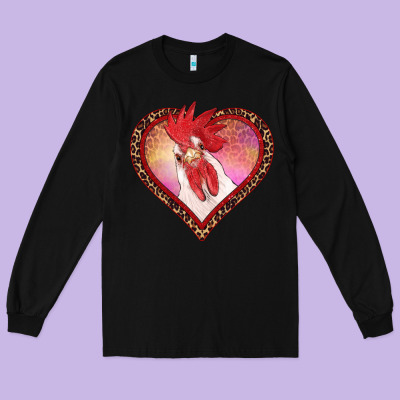 Valentine's Day Rooster With Leopard Heart Long Sleeve Tee Designed By Ranaportraitstore