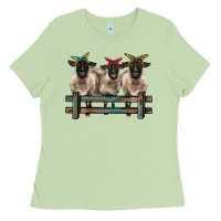 Matcha 3 sheeps suffolk ewe with bandanas and fence Ladies Tee - BarkalooDesign