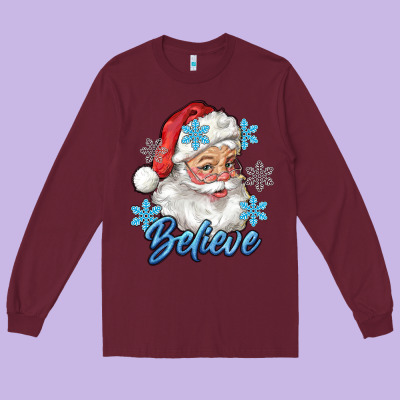 Santa Blue Believe Long Sleeve Tee Designed By Ranaportraitstore