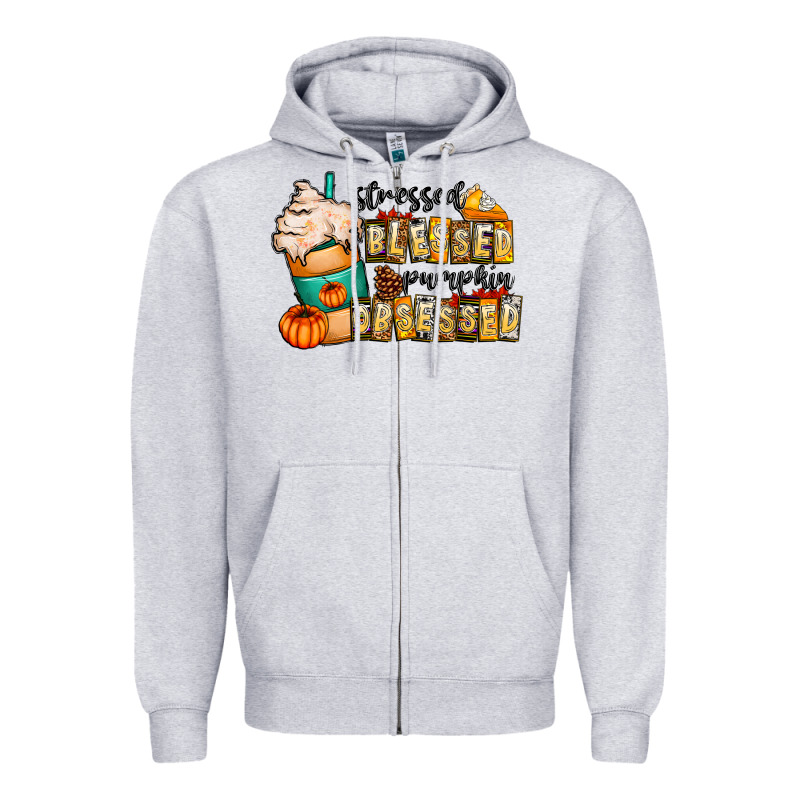 Stressed Blessed Pumpkin Obsessed Zipper Hoodie by CowhideDigitalArt | Teevron