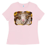 Bubblegum Pink merino ram with sunflowers Ladies Tee - BarkalooDesign