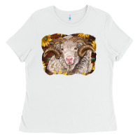 White merino ram with sunflowers Ladies Tee - BarkalooDesign
